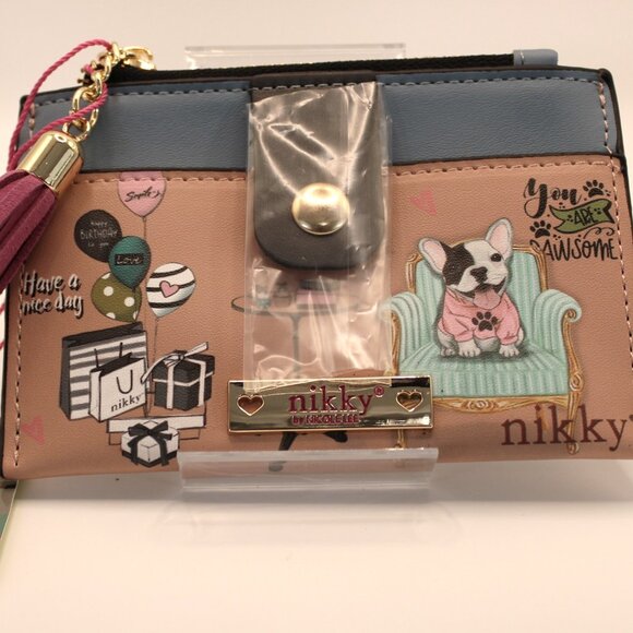 Nikky by Nicole Lee Coin Purse Card Holder w/ Tassel – Bulldog Print – Blush/Blu - Picture 1 of 7